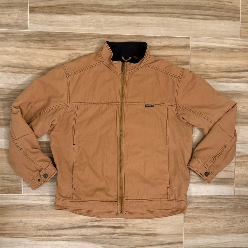 Wolverine Mens Canvas Work Jacket Tan Brown Fleece Lined Full Zip Size Large